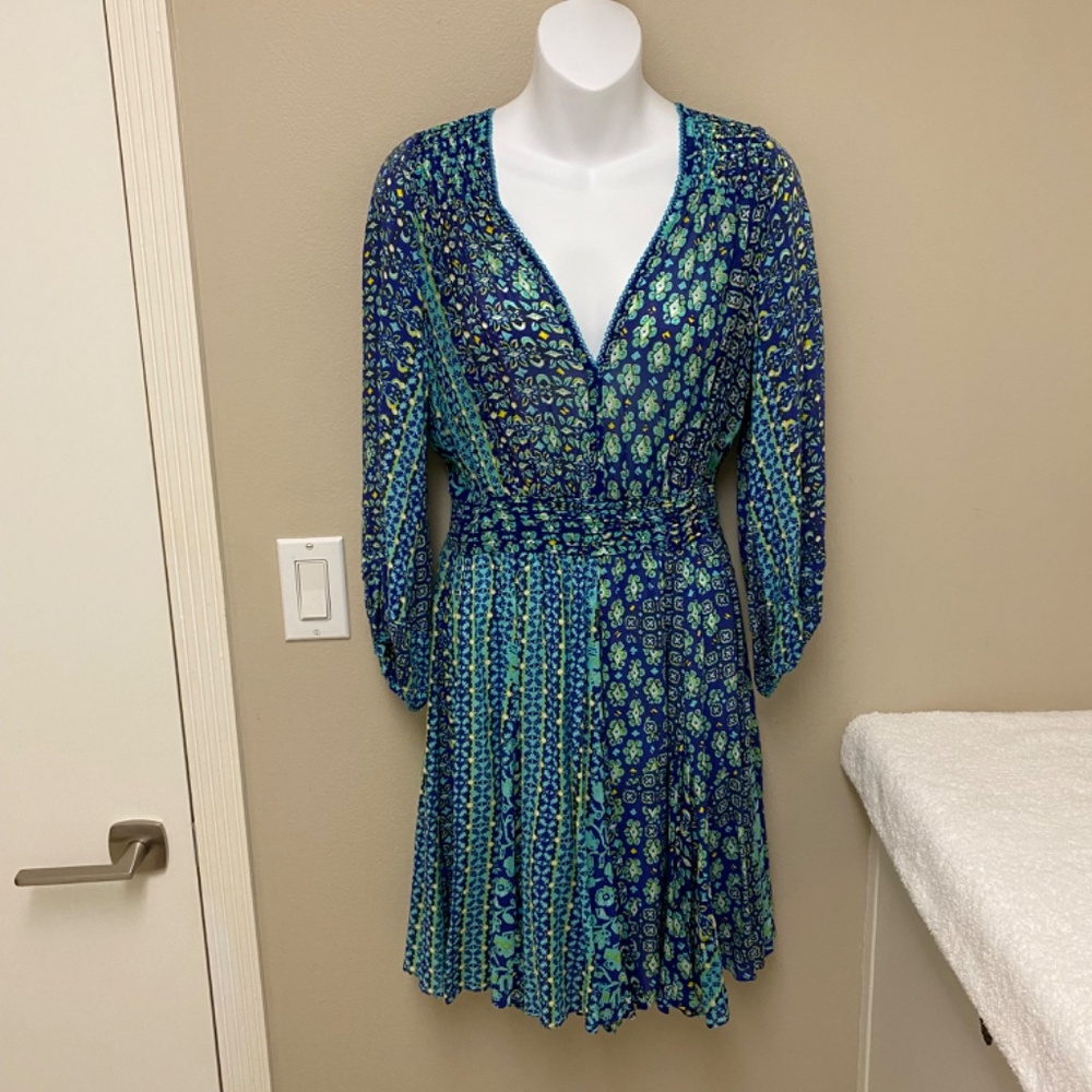 NEW! Poupette St Barth Anabelle Dress 3/4 Sleeves Blue Green Batik Small $400